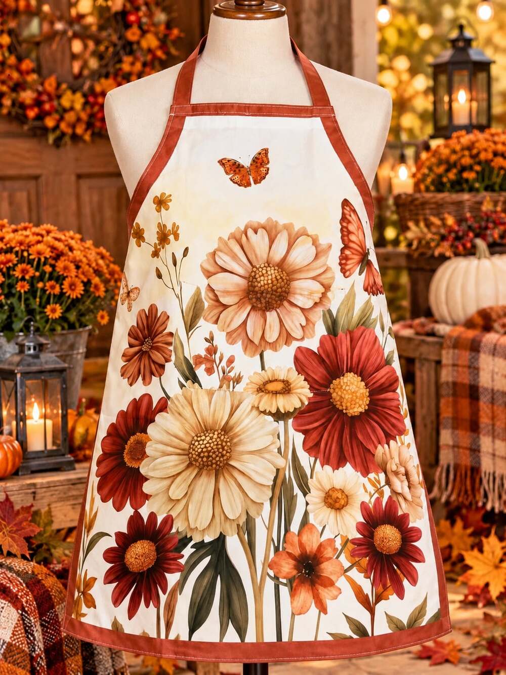 Autumn Floral Butterfly Print Kitchen Cooking Baking Apron